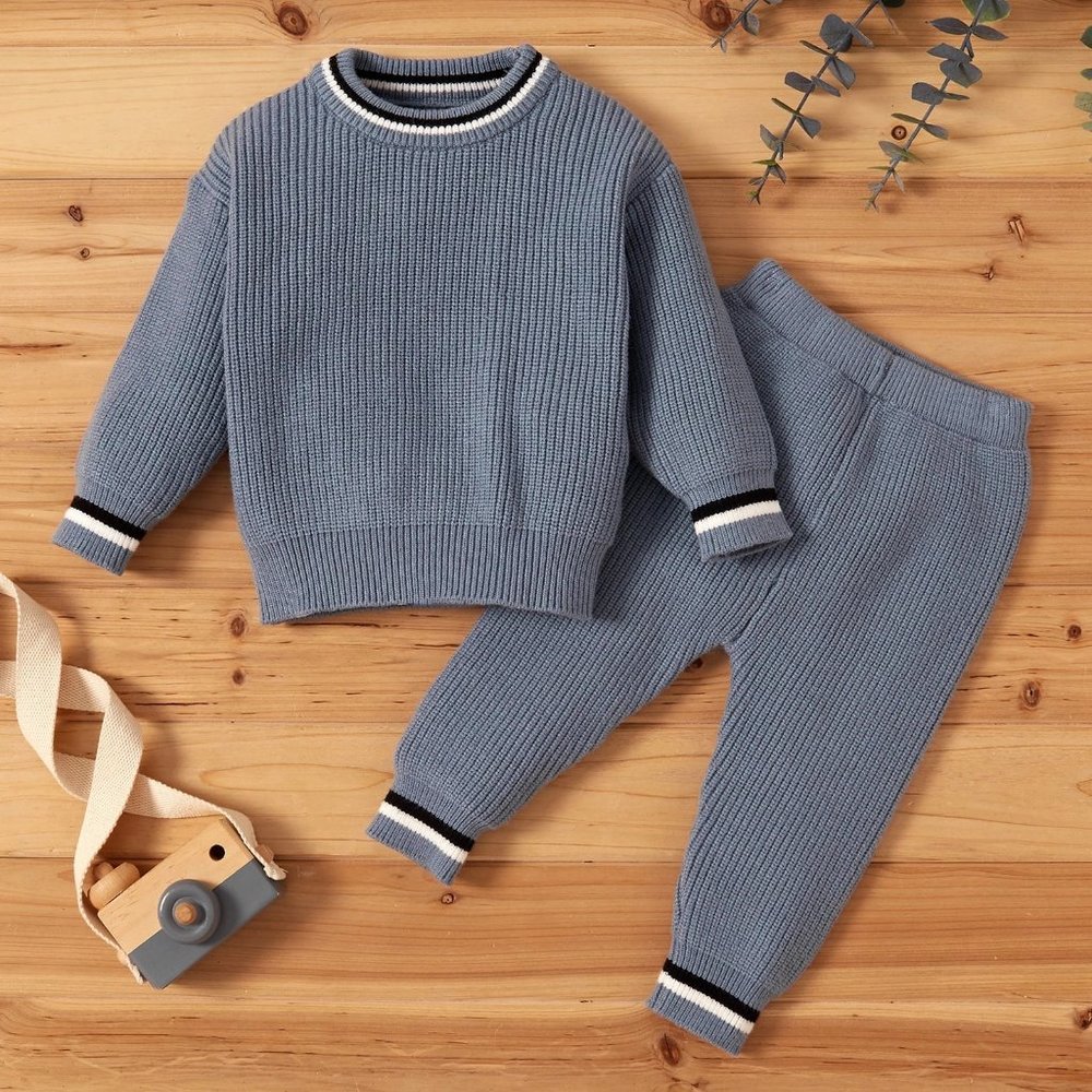 Cable Knit Pant Set-Blue